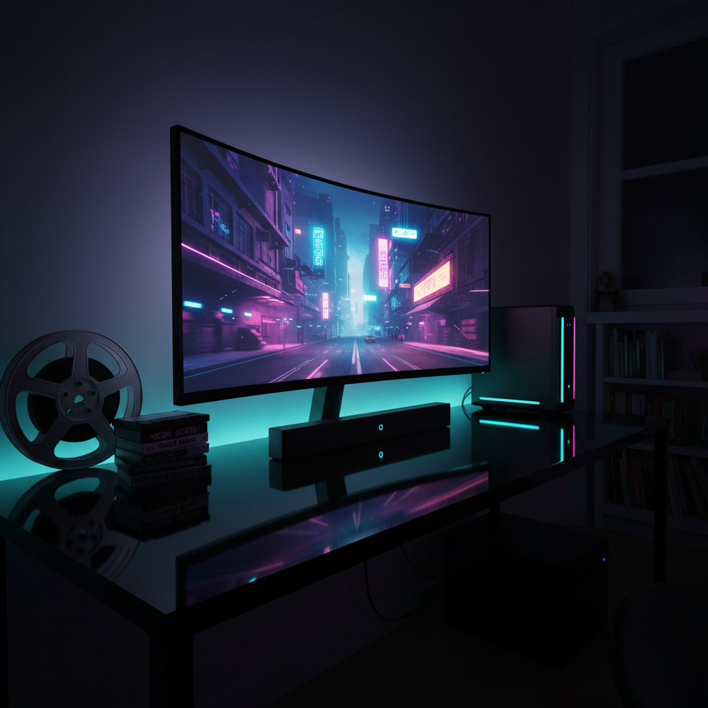 A dimly lit, atmospheric desk setup showcasing a single widescreen monitor playing a cyberpunk PC game, neon cityscape reflected crisply on a glossy black desk surface. Beside the monitor sits a compact media center PC with subtle cyan and magenta LED accents, and a slim soundbar beneath the screen. A stack of vintage-looking cassette tapes and a minimalist steel film reel add a nostalgic twist. The only light sources are the monitor glow and ambient LED strips along the back wall, creating dramatic rim lighting and deep, cinematic shadows. Photographic realism, captured from a low, slightly off-center angle, evoking a moody, immersive late-night gaming and movie-watching vibe with a playful edge.