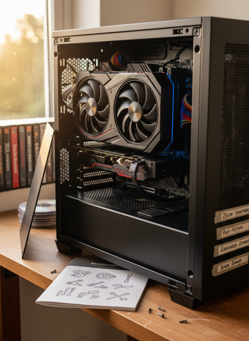 A close-up, side-angle shot of an open gaming PC case on a workbench, its side panel removed to reveal a half-installed graphics card, scattered screws, and a small instruction manual featuring stylized icons. The matte-black motherboard contrasts with colorful braided power cables and a shiny M.2 SSD. In the background, slightly out of focus, are PC game boxes, a stack of CDs, and a slim external hard drive labeled with handwritten band names and film titles. Soft afternoon light filters through a nearby window, mixing with the cool glow of a single internal case LED, creating gentle highlights on metal surfaces. Photographic realism with a playful, hands-on atmosphere, emphasizing personal tinkering and diverse media hobbies.