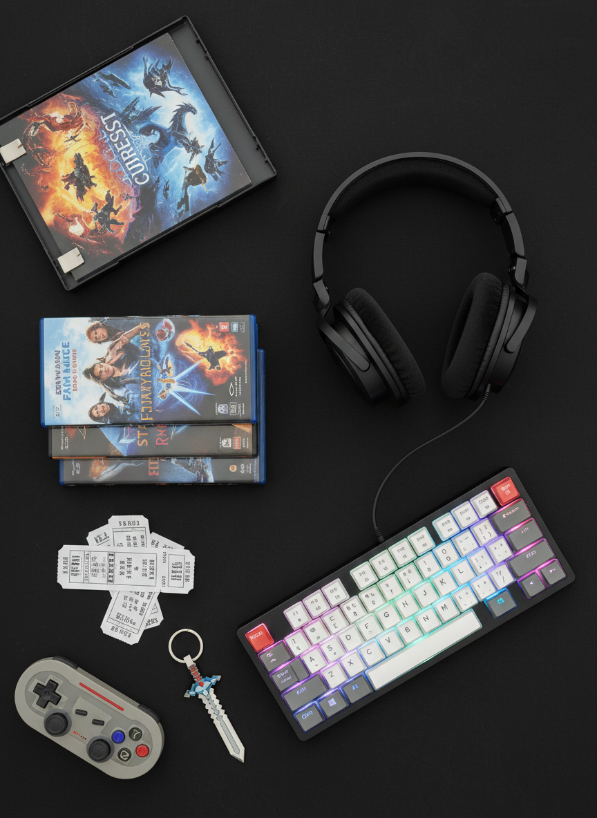An overhead, bird’s-eye view of a meticulously arranged flat lay on a black mousepad-textured surface: an open PC game case with vivid cover art, a stack of Blu-ray film cases, a pair of matte-black over-ear headphones with plush cushions, and a compact mechanical keyboard with pastel RGB underglow. A retro game controller with worn thumbsticks rests near a small pile of movie ticket stubs and a metal keychain shaped like a pixelated sword. Diffused, soft studio lighting eliminates harsh shadows, creating a clear, photographic realism look. The composition is balanced and playful, with colorful objects arranged diagonally, conveying a personal collection of intertwined gaming, music, and movie interests.