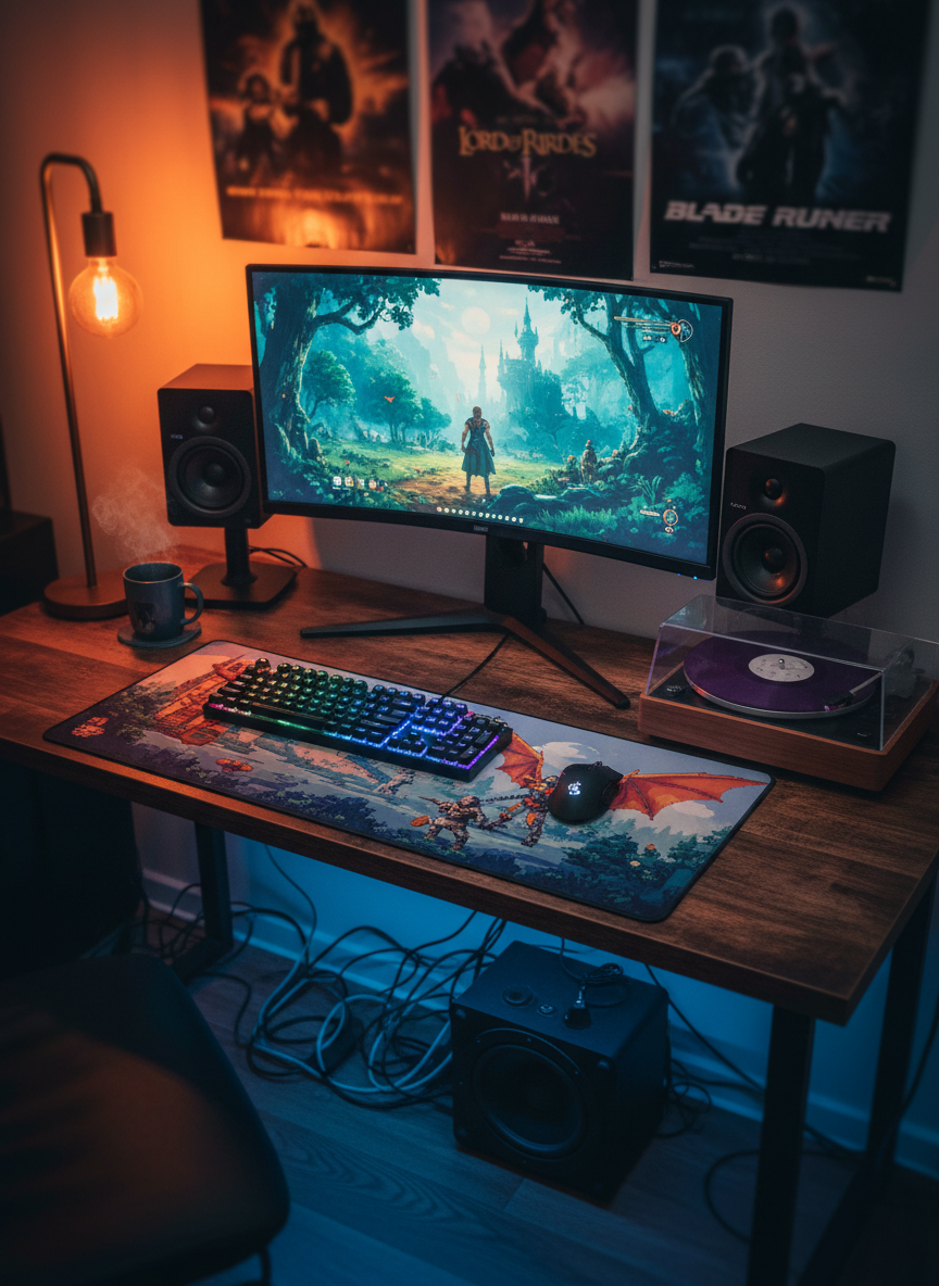 A cozy gaming and media corner featuring a curved 32-inch monitor showing a paused fantasy RPG scene, flanked by two matte-black studio speakers and a tiny retro-styled Bluetooth turntable spinning a deep purple vinyl record. A mechanical keyboard with colorful keycaps and a matching gaming mouse rest on a large mousepad printed with pixel art. Warm ambient lighting from a desk lamp with an exposed filament bulb mixes with faint blue light from an LED strip under the desk, casting soft, layered shadows. Photographic realism, shot from a slightly elevated angle using the rule of thirds, emphasizing the playful blend of PC gaming, music, and film posters that softly fade into the background bokeh.