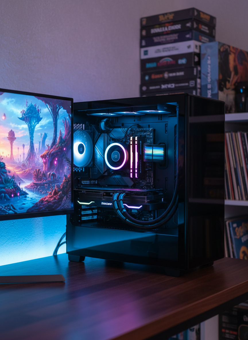A sleek, custom-built gaming PC tower with a transparent tempered glass side panel revealing meticulously arranged RGB-lit components, including a liquid-cooled GPU, braided cables, and glowing RAM sticks. The tower stands on a dark wooden desk beside a large ultrawide monitor displaying a vibrant sci-fi game landscape. Soft, cool-toned LED strip lighting runs along the back edge of the desk, casting a subtle neon glow on the wall. Photographic realism with a clean, modern aesthetic, shot at eye level with a shallow depth of field so the background shelves of boxed PC games and vinyl records blur into colorful bokeh, creating a playful yet focused atmosphere for a personal gaming blog.